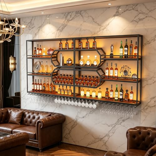 240CM Estante de vino montado en la pared con luz LED, 4 Niveles Botellero de Pared Multifuncional con Soporte para Copas de Soporte Flotante para exhibición de Vino, para el hogar,Restaurante,Bare