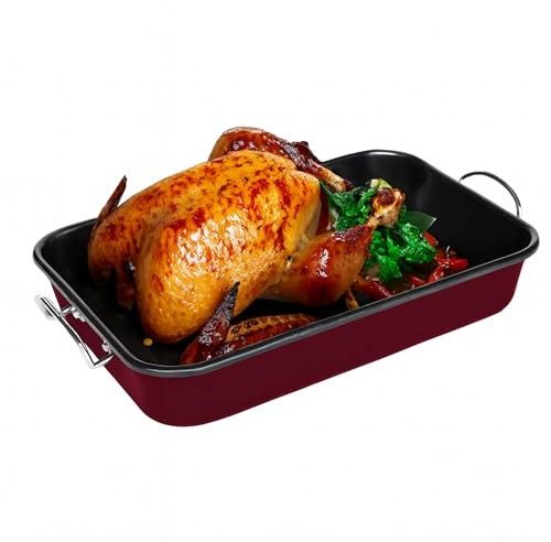 Prime Cuisine Roasting Pan with Rack – 15.75 Turkey Roaster Pan with V-Rack, Nonstick Oven Pan for Cooking, Baking & Roasting – Sturdy Handles for Easy Transport, Easy Cleanup, Burgundy