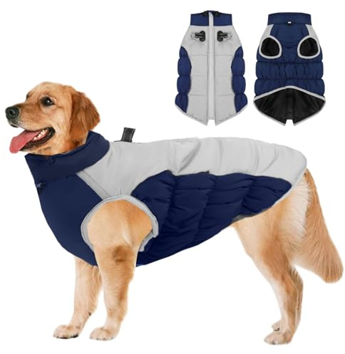 Manteau Chien Hiver Imperméables,Manteau Chien Réfléchissant Confortable Réglable avec Fermeture Eclair,pour Moyens Grands Chiens Temps Froid l'hiver Teckel,Bouledogue,Bleu Marine 5XL