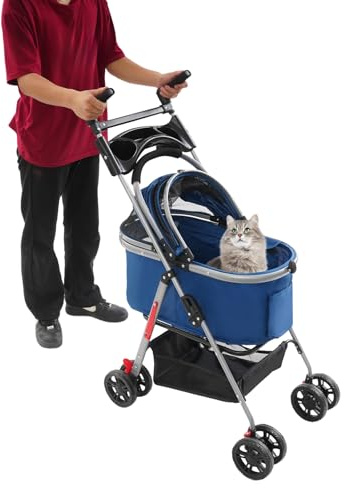 Hundebuggy 3 en 1 Hundewagen Hundebox Transporttasche,Faltbar klappbar Katzenwagen,bis 12kg, 4 PCS 360° Verschleißfeste Gummiräder Ablagekorb,für kleine Hunde Katz (Dunkelblau)