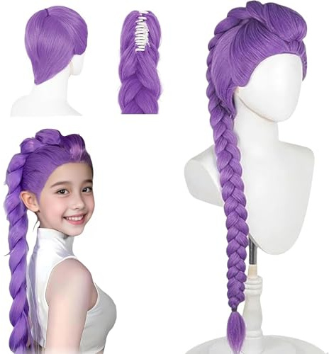 Peluca De Cazador Para Niños, Disfraz de Hun-ter Morado Peluca, Pelu-cas Largas Trenzadas Mora-das, Pelu-ca De Cosplay De Anime Dem0n, Trenzas Moradas Accesorio Realista Para Halloween Y Carnaval (M4)
