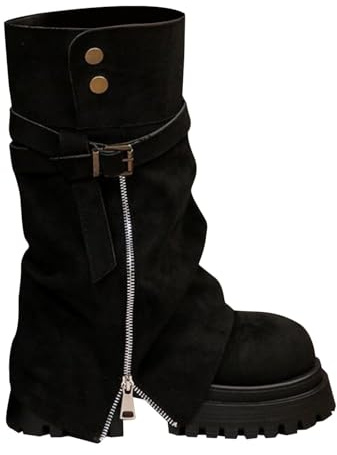 Scarpe Stivali Arricciati Da Donna Con Ghetta Risvolto Calda Stivale Metà Polpaccio Pelle Scamosciata Scarpe Suola Spessa Anfibi Stivali Per Le Donne Con Fibbie Cinghie E Cerniera Boots Outdoor