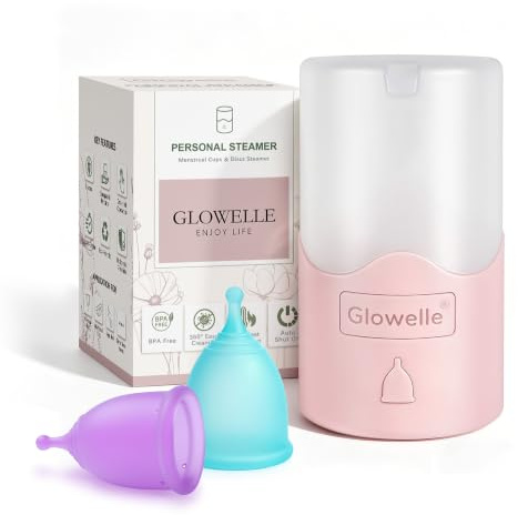 GLOWELLE menskoppssterilisator med 2 återanvändbara menskoppar | Kompakt personlig ångare för menskopp/menskopp, grundlig rengöring och desinficering, snabb automatisk avstängning på 3 min
