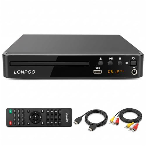 LONPOO Region Free DVD Player for TV 1080P Upscaling HDMI USB MIC Compact