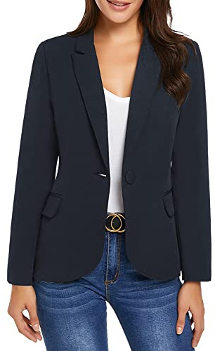 Roskiky - Blazer da donna con rever, giacca da lavoro e ufficio con una bottone e tasche, blu navy, S