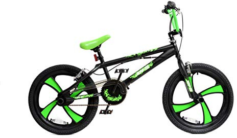 XN BMX 20 4 Spoke MAG Wheel Freestyle Bike Gyro Stunt Pegs Kids Boys Girls (Black/Green)