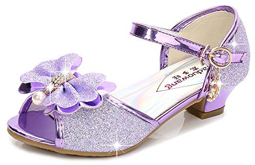 Eleasica Bambine e Ragazze Scarpe col Tacco Antiscivolo Scarpe da Principessa Elsasica Carnevale Sandali Cenerentola Costumi Natale Regalo Matrimonio Compleanno Aperte sulla Punta,Viola,31