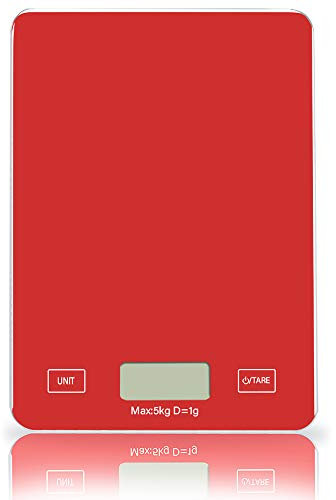 Digital Kitchen Scale Weighing Sclae Food Weighing Electronic Tempered Glass DIY Scales with Large Platform and Backlit LCD, Slim Design, Batteries Included,11lb/5kg (Red)