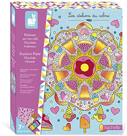Janod - Coffret Peinture Arc-en Ciel Mandala - Les Ateliers du Calme - Kit Loisirs Créatif Enfant - 4 Tableaux à Réaliser - Motricité Fine et Concentration - Dès 7 Ans, J07992