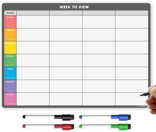 The Magnet Shop Magnetic Weekly Planner and Organiser – Fully Customisable Whiteboard for Family/Business Task and Meal Planning - with 4 Free Magnetic Dry Wipe Pen (Grey with Coloured Tabs, A3)