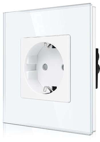 CNBINGO Glas Einzelsteckdose Unterputz in Weiß - Einfach Schuko Steckdose mit Kindersicherung - 16 Amp Schutzkontakt Wandsteckdose mit Glasrahmen