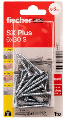 fischer - Tassello in nylon ad espansione SX Plus 6x30 con collo e viti, tutti i materiali/Blister da 15
