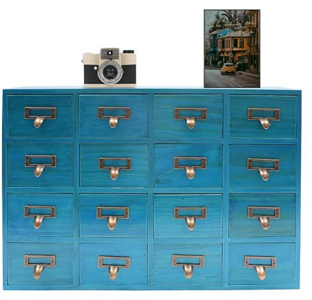 LyeXD 16 Drawers Apothecary Cabinet with Drawers Herb Storage Box, Wooden Desk Drawer Organizer Library Card Catalog Cabinet,Desktop Storage Cabinet Box for Herbal Crystals Cosmetics Perfume, Blue