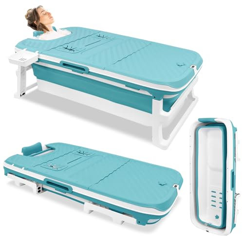 ACXIN Faltbare Badewanne Erwachsene Klappbadewanne mit Kissen Mobile Badewanne Erwachsene mit abnehmbare Abdeckung Massagerollen Thermometer, 132x61x54cm, Blau