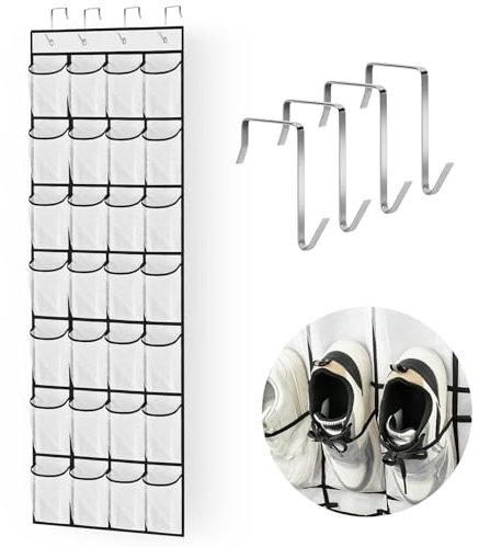 AUAUY Scarpiera con 28 Tasche, Organizer Pieghevole con 4 Ganci, Porta Scarpe, per Riporre Scarpe, Articoli Vari, Giocattoli, Bianco