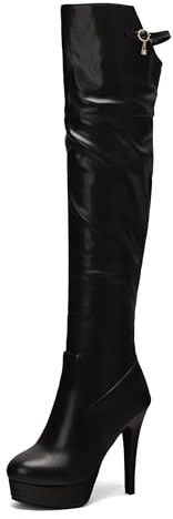 Lroey Reoly Mujer Tacón de Aguja Tacón Alto Botas Sobre La Rodilla con Plataforma Punta Rojoonda Fiesta Cx845 Negro Talla 42 EU