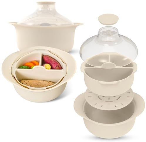 FIRGI 48oz Platinum Silicone 3 Compartmented Microwave Steamer Pot with Handle & Lid - Korean 100% Food-Grade Steamer Bowl, Heat-Resistant Cooker with Steam Holes, Easy Clean, Dishwasher Safe, Ivory