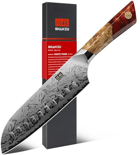 SHAN ZU Coltello Santoku in Damasco, coltello da cucina professionale da 18 cm, realizzato in acciaio Damasco a 91 strati e acciaio a polvere SG2, impugnatura ergonomica in acero - Serie White Tiger