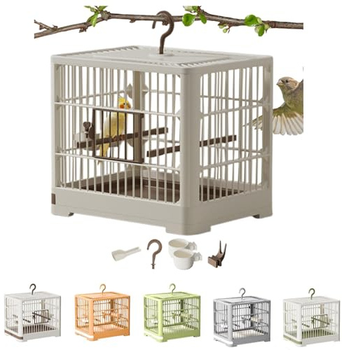 Cage de transport pour petits oiseaux, portable, légère, avec perche sur pied, pour perroquets, perruches, calopsittes, inséparables, plateau amovible et poignée à crochet (blanc et marron)