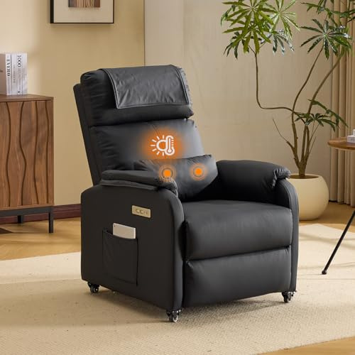 Bonnlo Fauteuil Massant, Fauteuil de Relaxation avec 2 Points de Massage et Chauffage, Dossier et Repose-Pieds Réglable Automatiquement, Équipé d'un Appui-tête et Un Coussin, Noir, Cuir