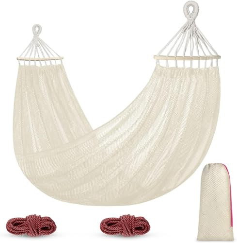 Hamaca Colgante de Red, Hamaca Jardin Exterior Hamaca Camping con Travesaños de Madera, 290 x 150 cm, Capacidad de Carga de 250 kg, Blanco