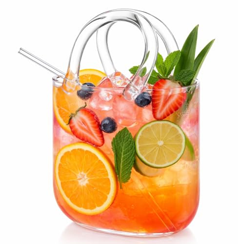 Acellegic Glass Purse for Drinks Set Wine Cup Purse Bag Shape with Glass Straw for Juice Tea Cocktails Fish Tank Vase a Ladies' Party Gift Creative Drinking Mug(118 oz,Classic)