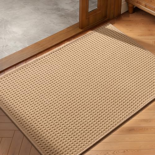 YIHOUSE Indoor Door Mat 24 x 36, Non-Slip Washable Entryway Mat, Dirt Trapper Absorbent Entrance Mat, Low Profile Floor Mat for Front/Back Door, Entryway, Khaki