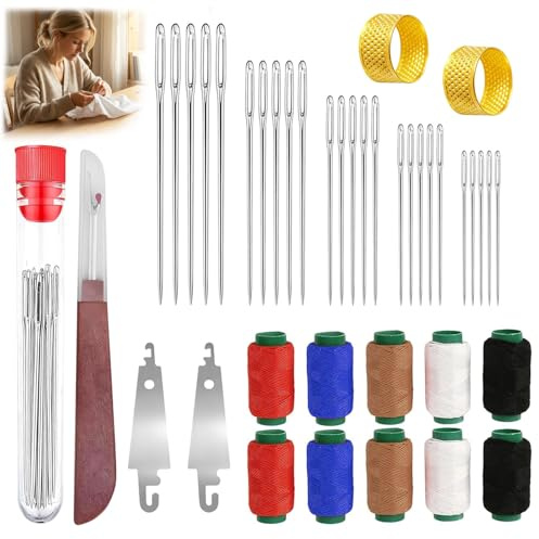 PELARISE Set di 41 aghi da cucito con occhiello grande, 5 misure in acciaio, set di aghi da cucito e infila ditale, accessori da cucito, aghi da ricamo per principianti, fai da te e in viaggio