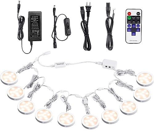 AIBOO Linkable Under Cabinet LED Lighting 12V Dimmable Puck Lights with Wireless RF Remote Control, Hardwired & Wall Plug in for Furniture Cupboard Lighting(10 Lights, Warm White)