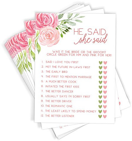 Printed Party Bridal Shower Games – He Said She Said Game with Fun Bride and Groom Trivia, Wedding Shower Activity, Pink Floral Design, 50 Guests