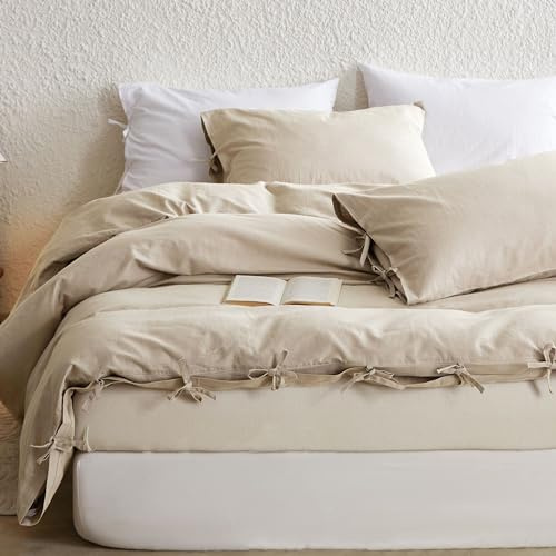 Simple&Opulence Halbleinen Bettwäsche 230x220,Atmungsaktiver Bettbezug mit 2 er Kissenbezug,Oeko-TEX Zertifiziert Bettwäsche-Set aus Baumwolle und Leinen,Beige