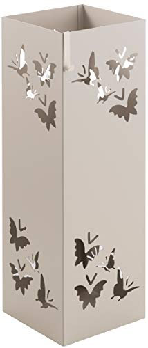 Baroni Home Portaombrelli Quadrato in Metallo con Intagli a Forma di Farfalle 15,5x15,5x49 cm con Gancino e Vaschetta Scolapioggia Rimovibile, Grigio Tortora