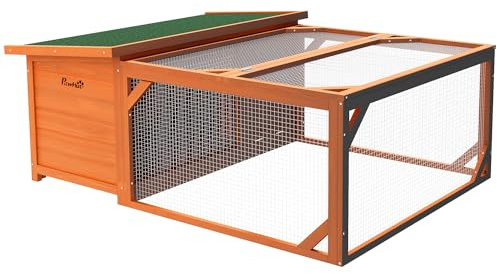 PawHut Rabbit Hutch Outdoor Guinea Pig Hutch with Run Small Animal Off-ground Duck House Hideaway Garden with Openable Roof 125.5 x 100 x 49cm Orange