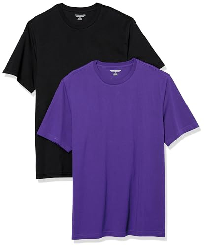 Amazon Essentials T-shirt en Coton à Col Rond à Manches Courtes, Coupe Classique Homme, Lot de 2, Noir/Violet Foncé, L