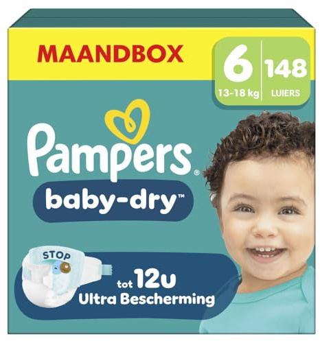 Pampers Baby-Dry, Taille 6, 148 Couches, 13-18kg, Une nuit jusqu'à 100% sans fuites avec la Poche Stop & Protect à l’arrière de la couche, Pack 1 Mois