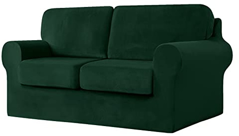 SYLC Sofa Cover with Separate Seat Cushions and Backrests Stretch Velvet Sofa Slipcover Couch Covers Furniture Protector Split Combined (Dark green,2 Seat Set 5 PCS)