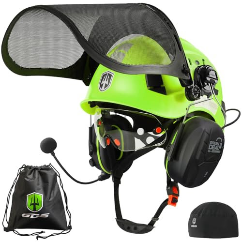 GREEN DEVIL Casco de protección para motosierra – Casco de seguridad con protección auditiva Bluetooth – Orejeras y protección facial – Doble capa – Protección de los ojos 5 en 1 – EN397