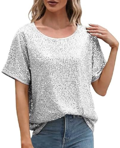 Tshirt Paillettes Femme, T-Shirts à Manches Courtes Femme Haut Velours Femme Chemise Sequin Femme Tee Shirt Tendance Femme Fishnet Top Haut Resille Fluo Femme Tee Shirt Fluo Soiree