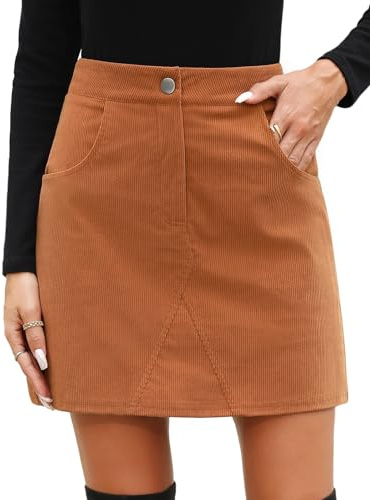 heekpek Women's Corduroy Mini Skirt A Line Autumn Winter Short Skirts High Waisted Wrap Skirts for Ladies School, Work and Daily Wear, Brown, L