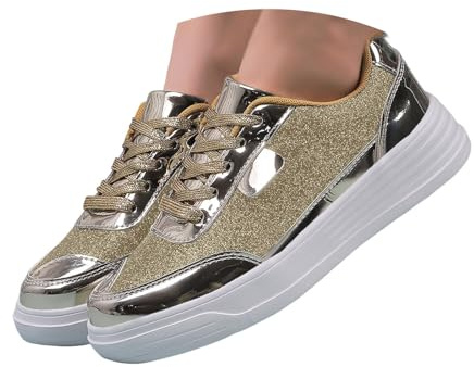 Damsneakers, glitter, lackskor, halvskor, kvinnor, snörskor, bekväma sportskor, platta, promenadskor, chic, fritidsskor, löparskor för vardagen, Guld, 39 EU