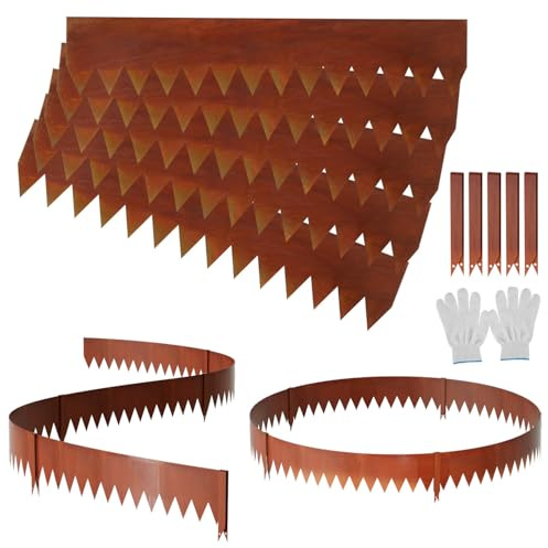 Peviasot Rabattkant metall, 100 x 20 cm gräskanter med vassa sågtänder, flexibel rostbeständig rabattkant med clips och handskar, rostfärg 5 stycken (längd 5 m – höjd 20 cm)