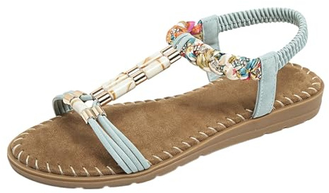 Genérico sandalias mujer comodas,planas con cuentas para, de verano con tiras elásticas en T Planas(Light Blue,41)