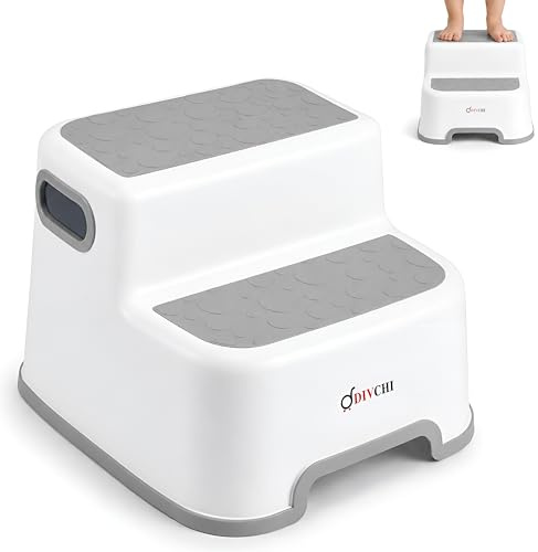 DIVCHI Double Step Stool for Kids Non-Slip Toddler Steps 2-Up Bathroom Stools with Carry Handles For Potty Training Bathroom & Kitchen Use (Grey)