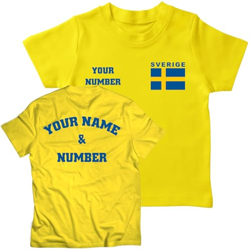 T-shirt för barn Fotbollströja Sverige med ditt namn och nummer | Svensk flagga, emblem | Personlig tröja, anpassad topp | VM 2022 fans