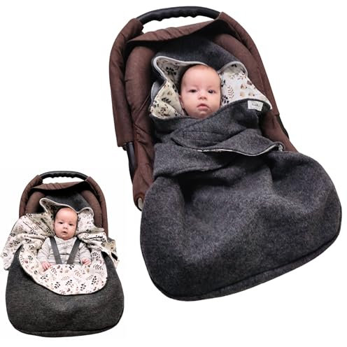 Swaddyl WOLLWALK Einschlagdecke Babyschale - Baby Fußsack - Maxi-Cosi Decke - Einschlagdecken für Kinderwagen - Neugeborene bis 11 Monaten aus 100% Woll (Grau/Blumen)