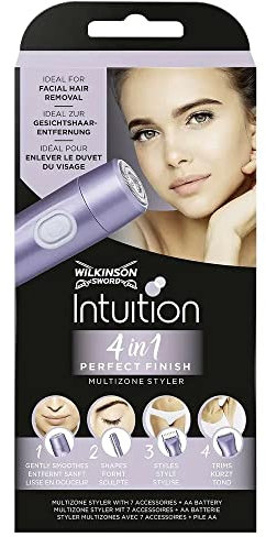 Wilkinson Sword Intuition Perfect Finish - Recortadora Eléctrica Femenina 4 en 1 para el Cuerpo, la Zona del Bikini, el Vello Facial y las Cejas Violeta
