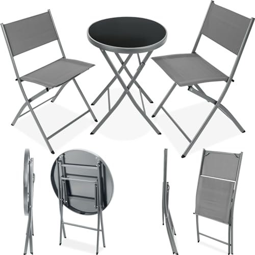 TecTake® Set da Balcone Düsseldorf, Tavolino Salotto con Piano in Vetro e 2 Sedie, Set Mobili da Giardino con Telaio in Acciaio, Richiudibile, Trasportabile, Design Moderno - Grigio