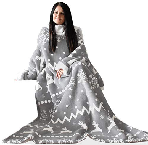 HOMELEVEL Coperta con Maniche Lunghe - Plaid Invernale Braccia Coperte - Poncho Pile - Coperta Divano 150x200cm - Tessuto Sherpa - Design Norvegese