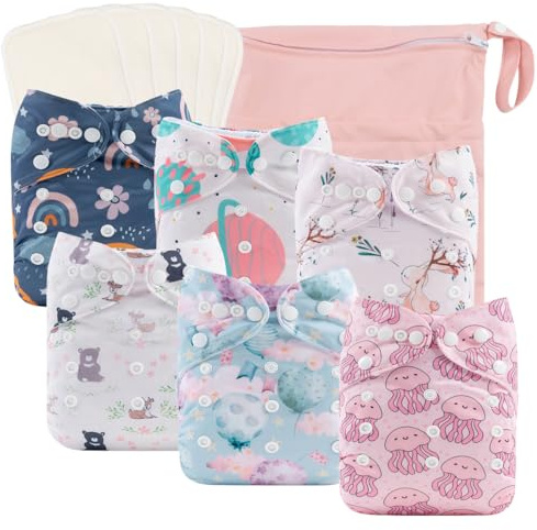 babygoal Reusable Cloth Diapers 6 Pack+6pcs Rayon from Bamboo Inserts+Wet Bag, One Size Adjustable Washable Pocket Nappy Covers for Baby Girls and Boys 6FG38