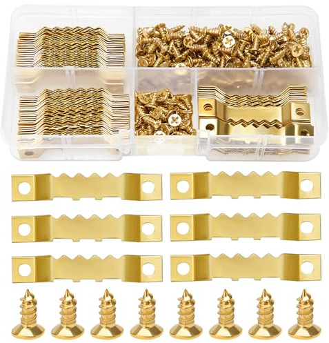 YIXISI 85 Pezzi Cornice a Dente di Sega + 170 Pezzi Viti, Invisibili Ganci Dente di Sega con Due Fori, per Foto Segni Montaggio a Parete Orologio da Parete Artigianato, Dorato (45 x 8 mm)